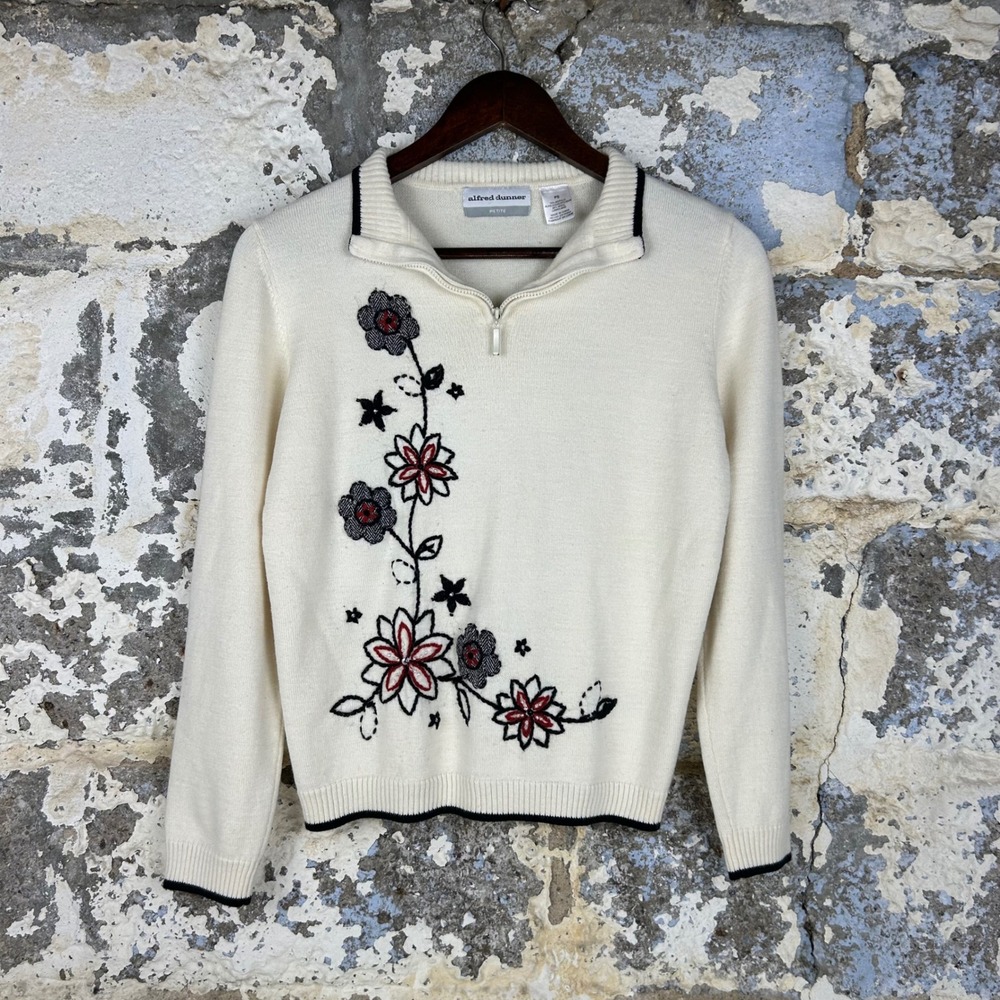 Alfred Dunner Floral Quarter Zip Sweater Cream Embroidered Womens PS